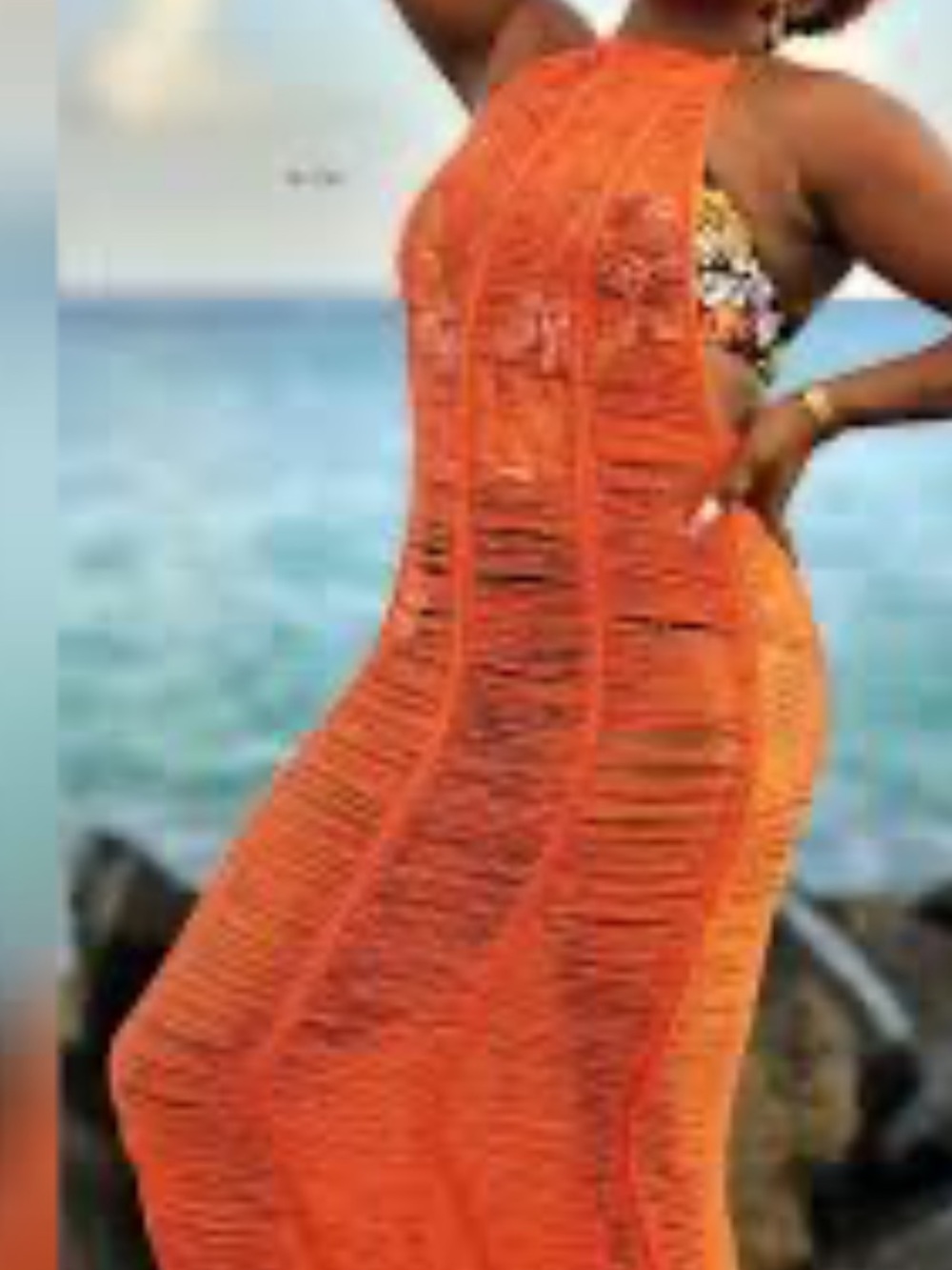Crochet Orange Beach Cover-Up Dress Small